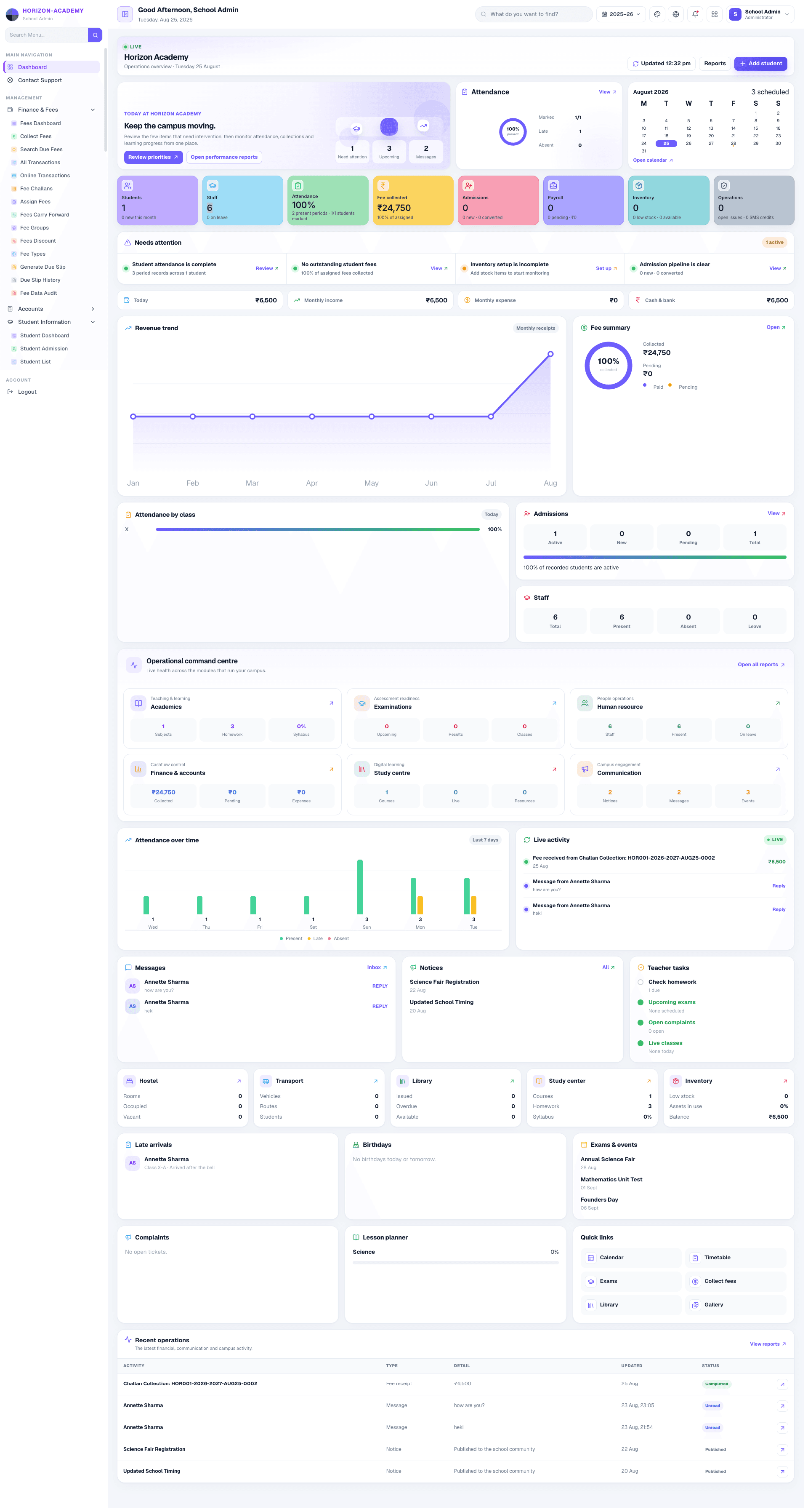 Tevixa full school administration dashboard with live campus KPIs