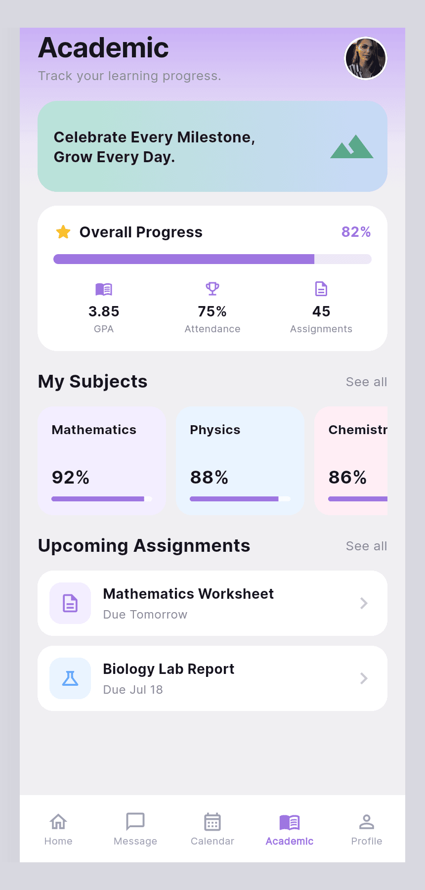 Tevixa student academic progress mobile screen