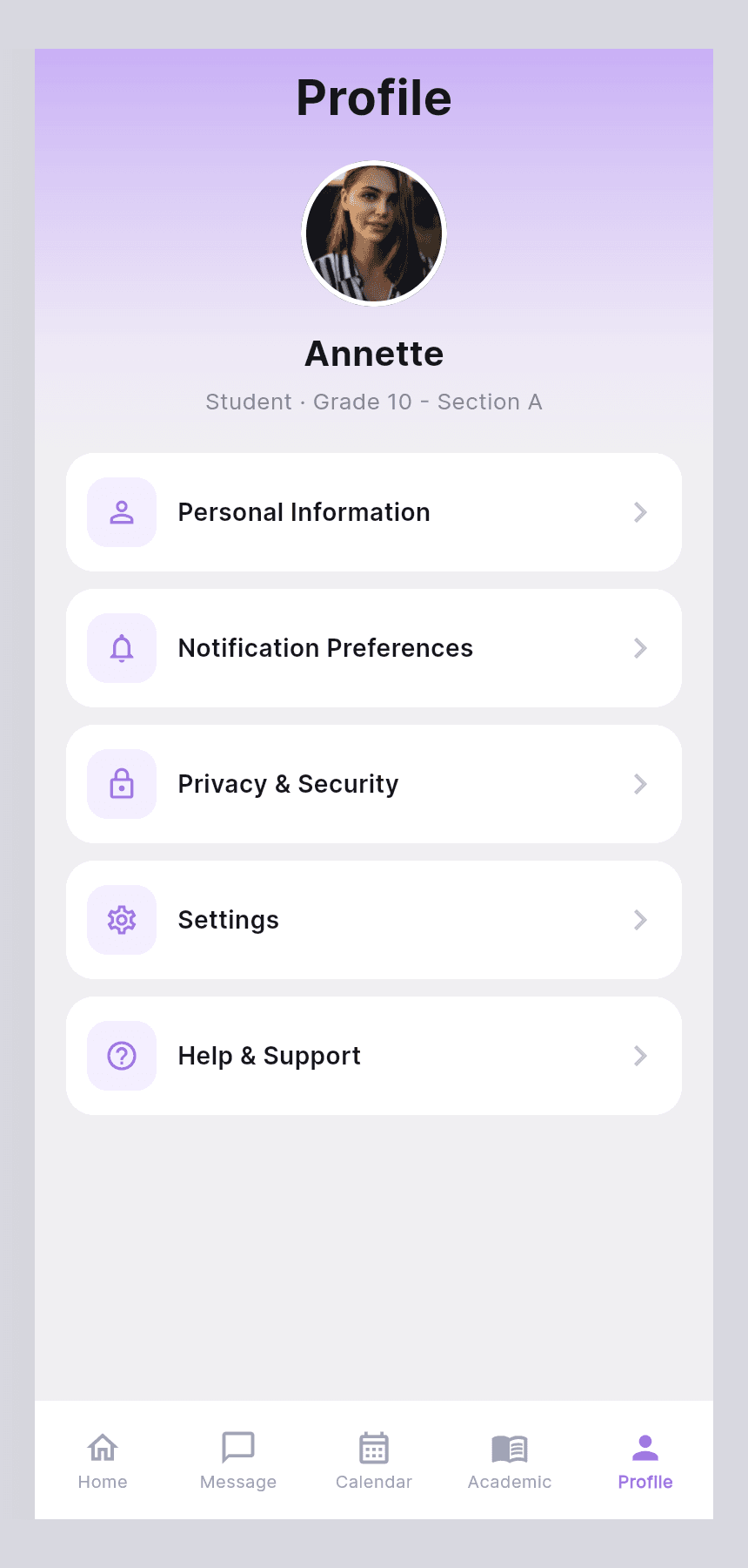 Tevixa student profile mobile screen